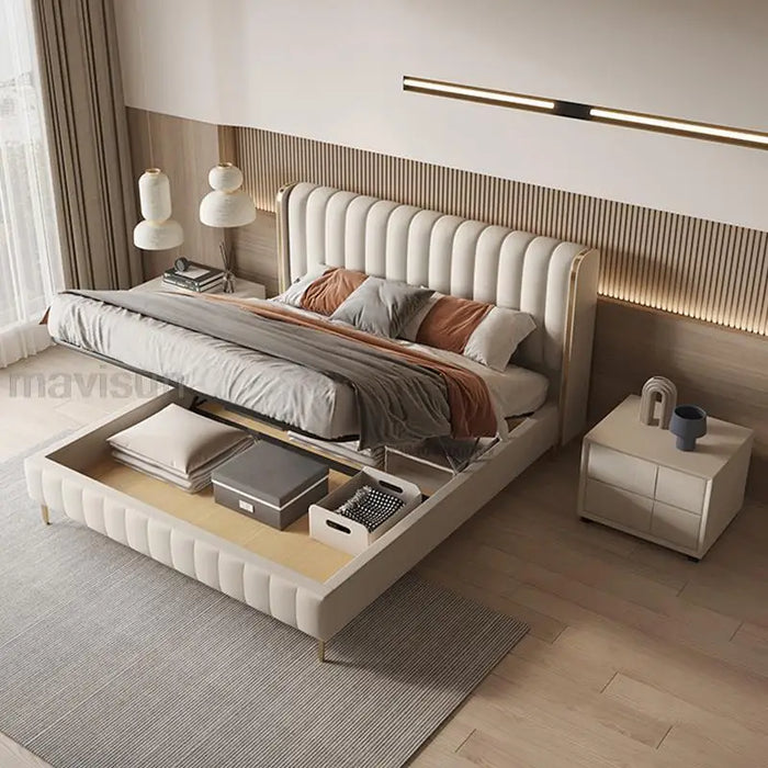 Luxury Bedroom Furniture With Two Beside Tables Stainless Steel Wooden Graceful Shapes Stable Skeleton Leather Double Bed Set