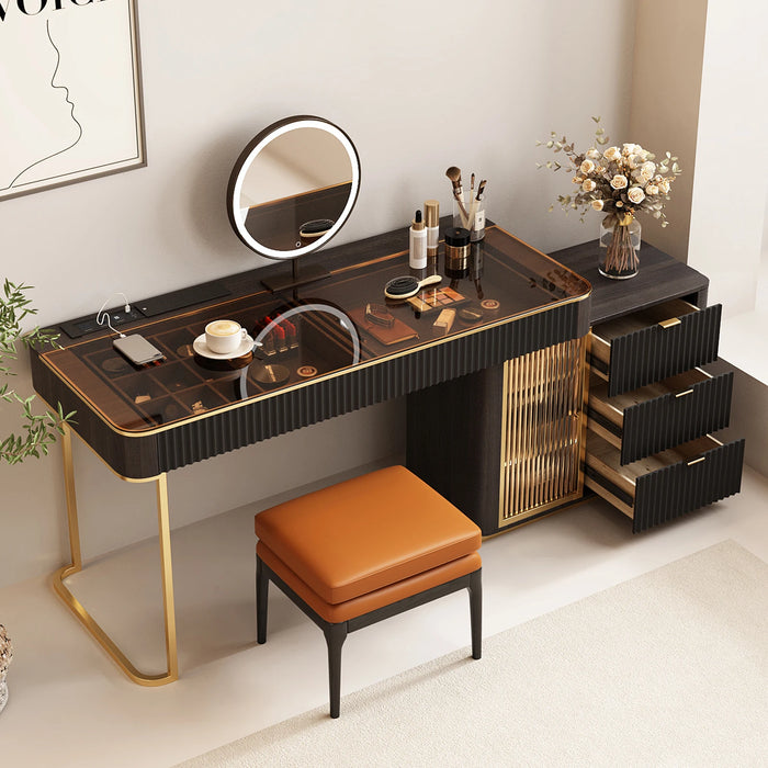 Italian Minimalist Computer Desk and Dressing Table Combo with Mirror, Luxurious and Expandable with Cabinets, Corner Bookshelf