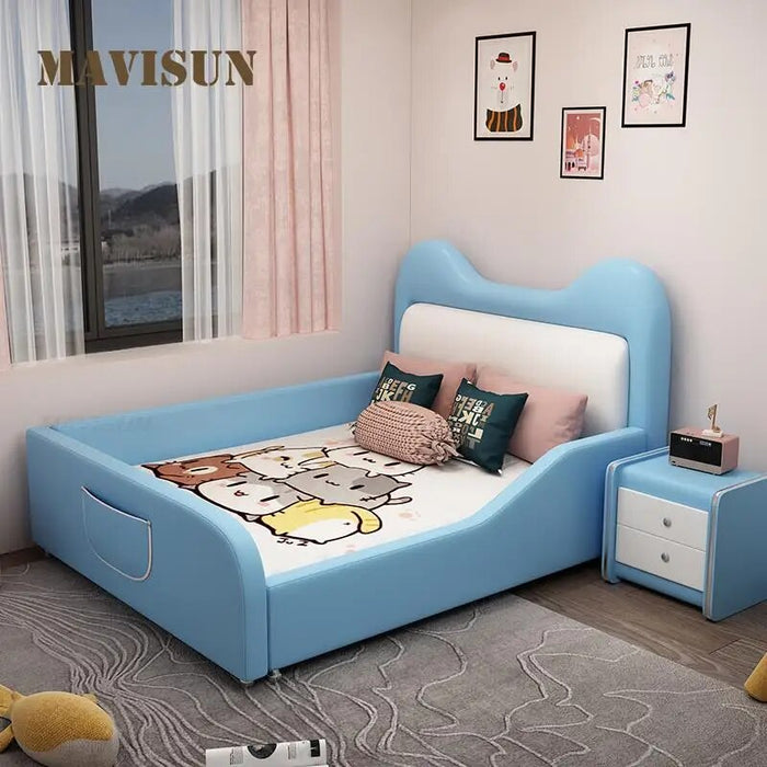 Princess Children Beds Pink Girl Cartoon Cat Creative Single Leather Children Beds Guardrail Cama Infantil Bedroom Furniture
