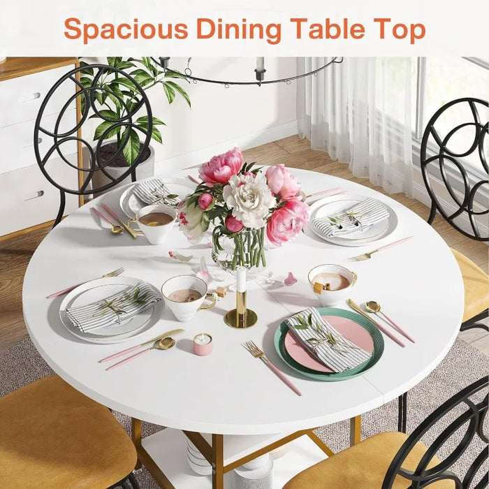 Tribesigns 47 Inches Round Dining Table for 4 People, Golden Kitchen Tables Dinner Table with 2-Tier Storage Shelves