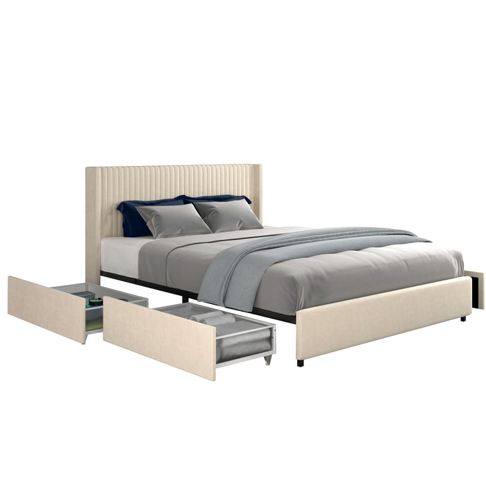 Anna Queen Size Ivory Velvet Upholstered Wingback Platform Bed W/Patented 4 Drawers Modern Design Headboard&Tight Channel[US-W]