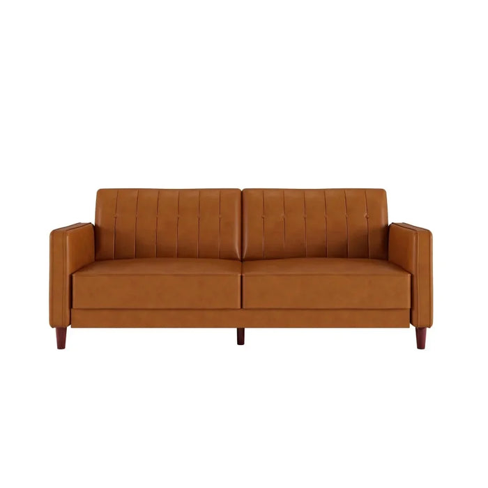 Living Room Tufted Transitional Futon Sofa, with 2 Seats, Camel Faux Leather Sofa Bed