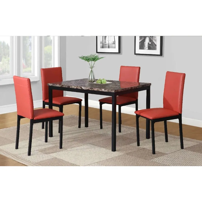 Roundhill Furniture Citico Metal 5-Piece Dinette Set with Laminated Faux Marble Top, Off White Table with Black Chairs