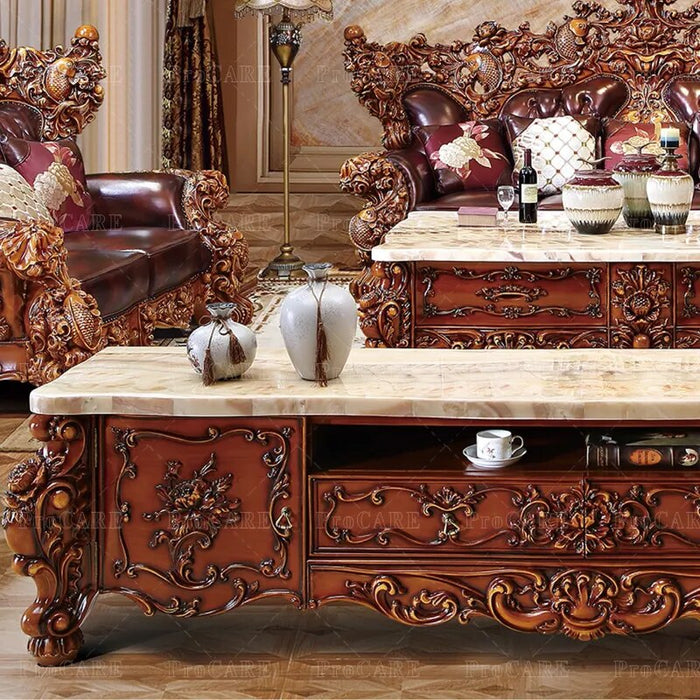ProCARE European sofa American villa living room genuine leather solid wood carving etro 124 living room sofa sets