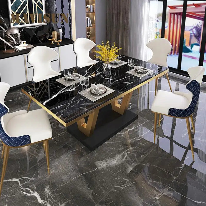 Large Family Table Dining For 8 Person Villa Hotel Luxury Glossy Marble Top Stainless Steel Frame Rectangle Desk With Chairs Set
