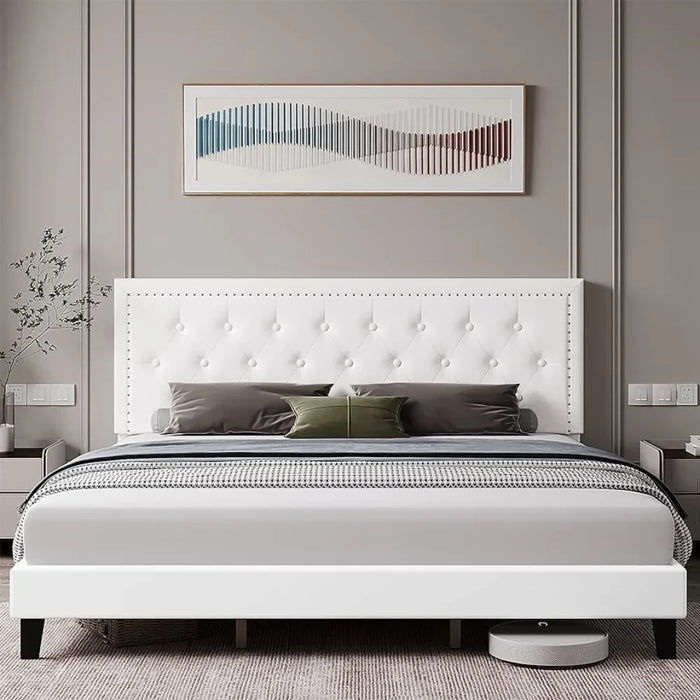 Bedroom furniture: full-size bed frame with adjustable headboard, button-tufted faux leather, upholstered, white