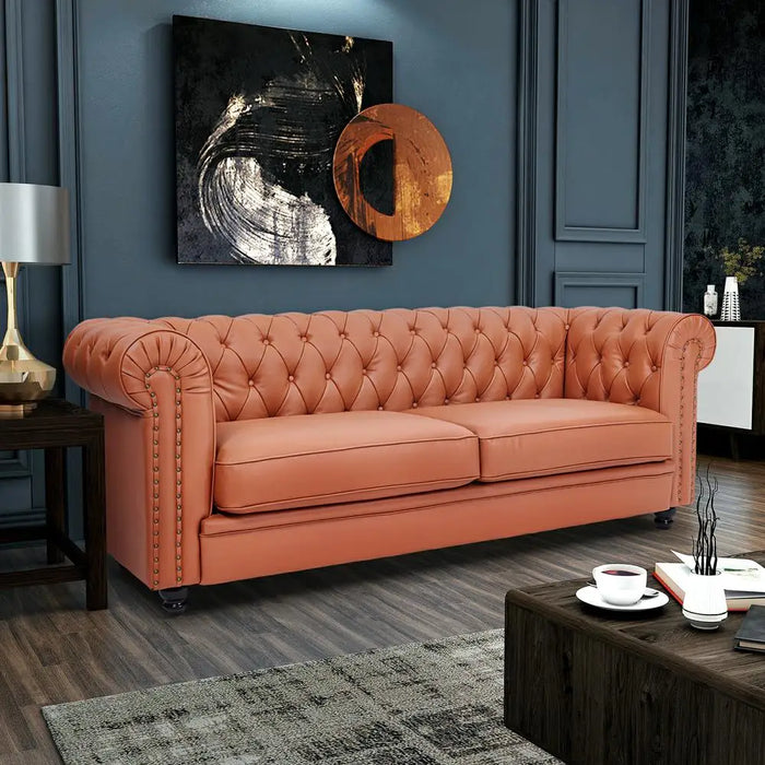 Light Brown Half Genuine Leather Chesterfield Style Sofa Couch 3-Seater With Cushions