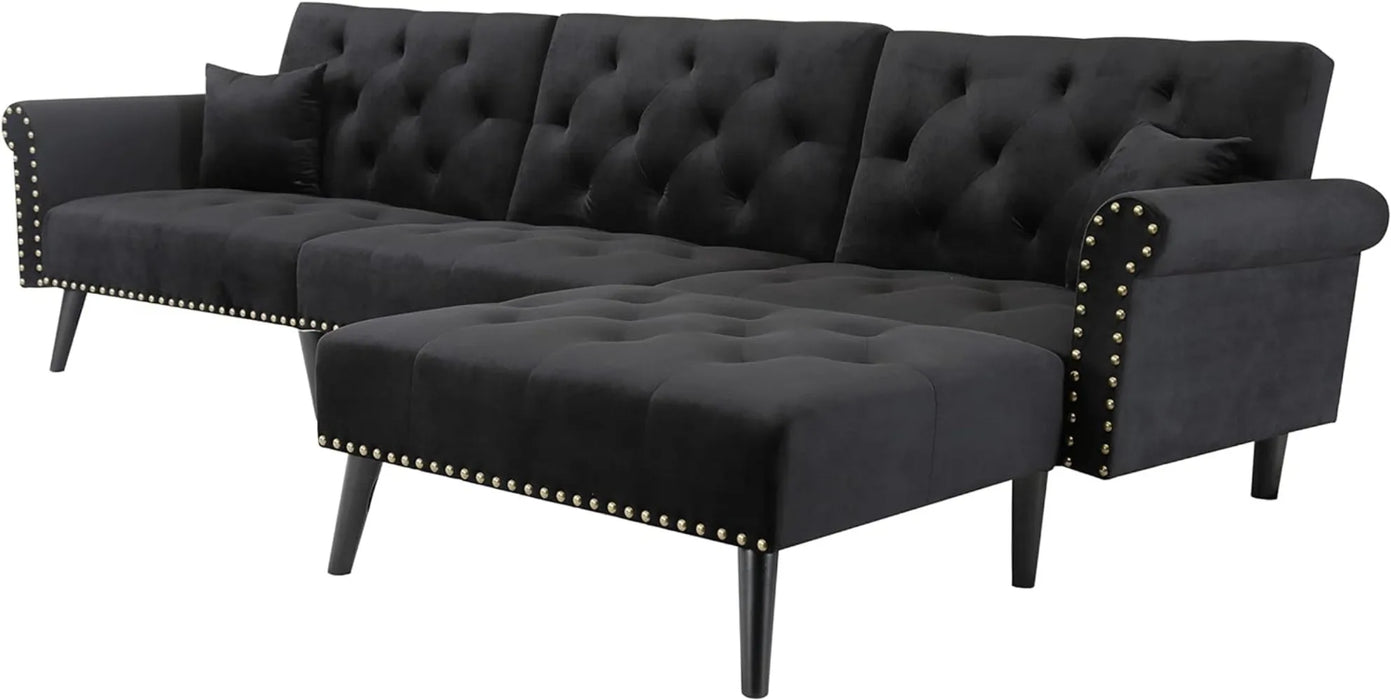 KoiHome Sectional Sofa Right Hand Facing Velvet Button Tufted L Shape Chaise with Nail Head Detail Conical Wood Leg 2 Pillows