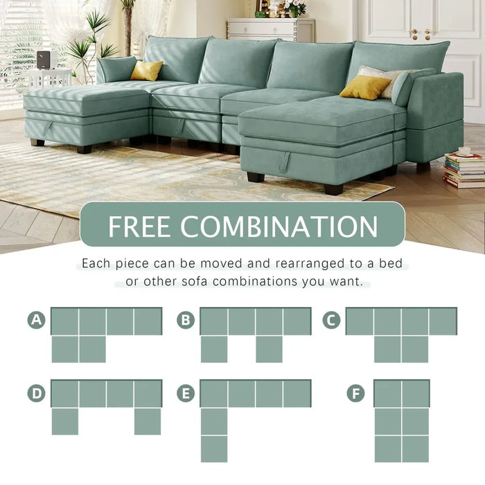 115" Large U/L Shaped Sectional Sofa with Storage Seat and Removable Cushions, Green, 6 Seat Convertible Couch Sleeper Bed