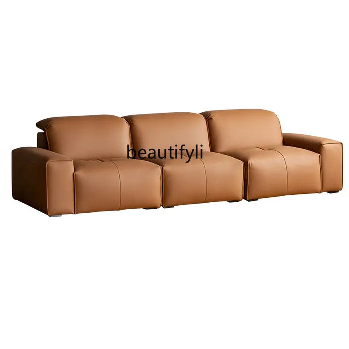 Leather Corner Sofa First Layer Cowhide Italian Style Minimalistic Straight Row Three-Seat Tofu Block Sofa  living room sofa