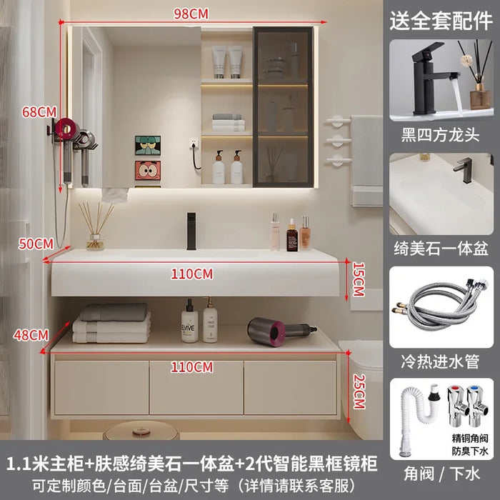 Nordic Modern Bathroom Cabinets Designer Arc Shaped Rock Integrated Washbasin Bathroom Vanity Cabinet Sink Bathroom Furniture