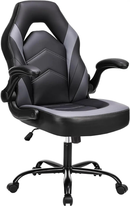Office Ergonomic Computer Gaming Desk Racing Chair for Adults, Flip-up Arms Adjustable Height PU Leather Swivel with Wheel