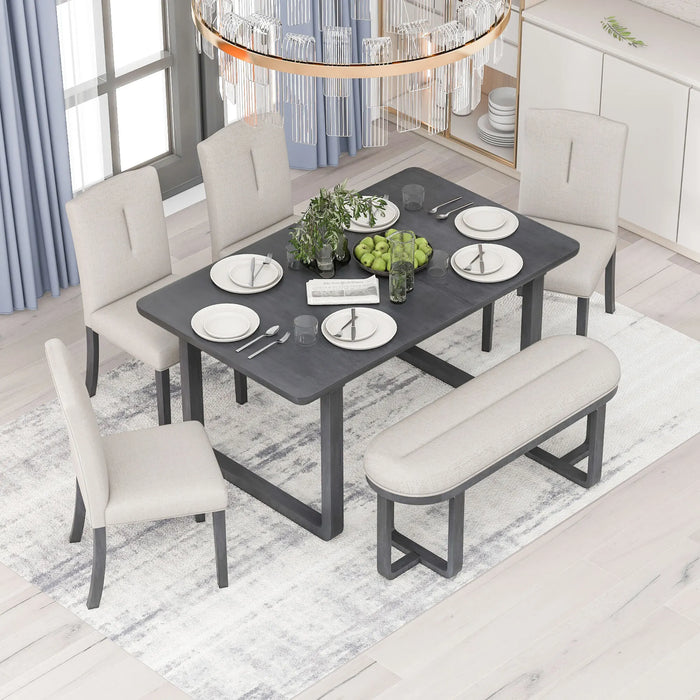 6-Piece Retro Dining Set with Dining Table, 4 Upholstered Chairs,Bench with Cushions for Dining Room,Gray/Beige