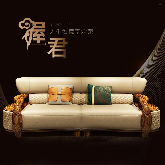 Black gold wood leather sofa new style large and small house type solid wood modern light luxury living room sofa