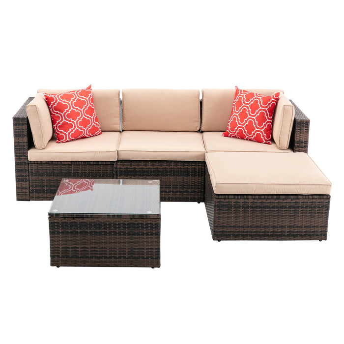 5Pc Patio Furniture Set Outdoor Garden Patio Furniture PE Rattan Wicker Sectional Cushioned Sofa Sets with 2 Pillows and Coffee