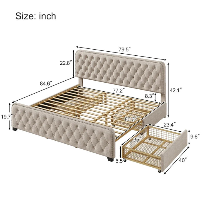 Beige Upholstered Platform Bed Frame with Four Drawers, Button Tufted Headboard and Footboard Sturdy Wood Slat Support, KING