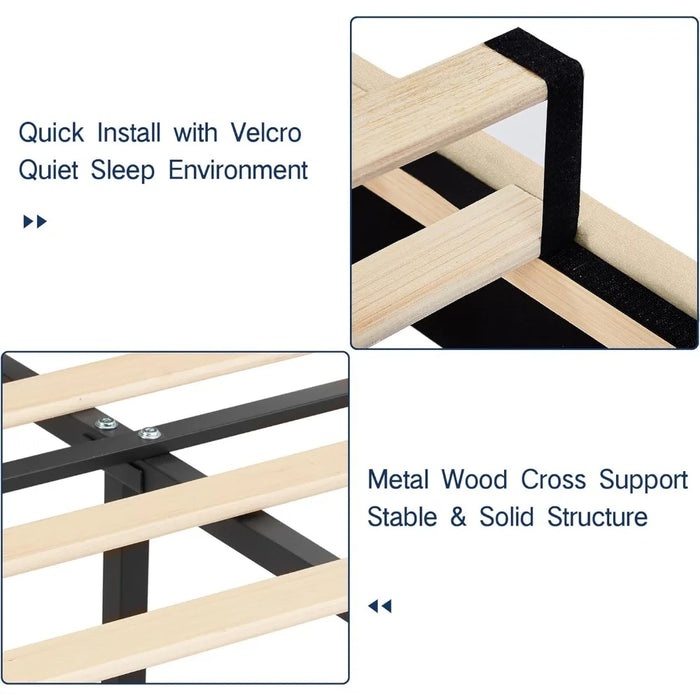 Upholstered platform bed frame with adjustable headboard, plank support, noiseless, no box spring, easy assembly