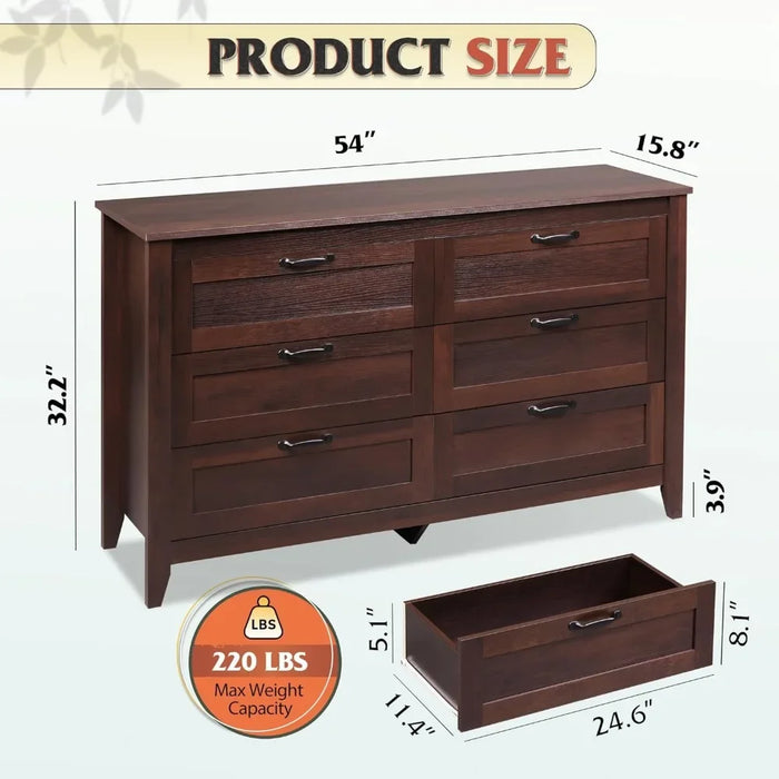 Dresser Bedroom with Metal Handle, Sturdy Frame Bedroom Furniture, Chest of 6 Drawers Large Storage Cabinet Dresser