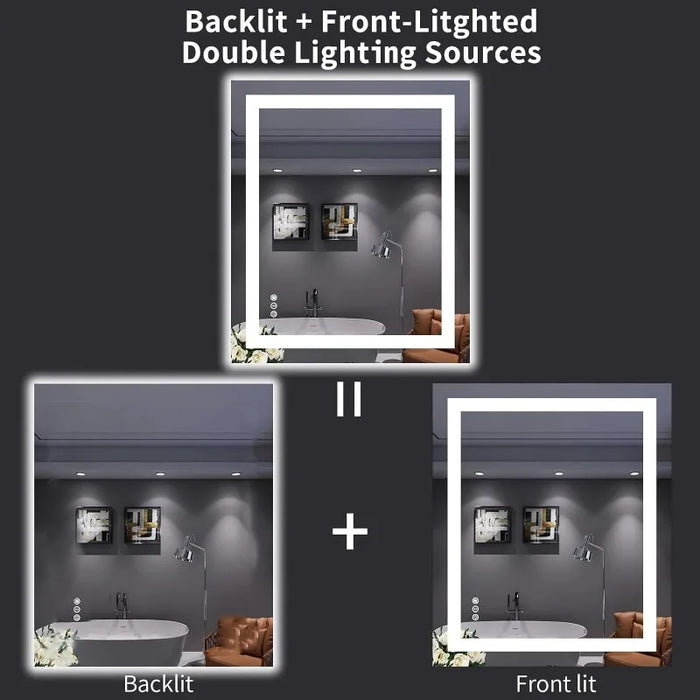 Bathroom Mirror with Lights, Anti-Fog, Dimmable, Backlit + Front Lit,  Memory Function, Tempered Glass, Shatter-Proof