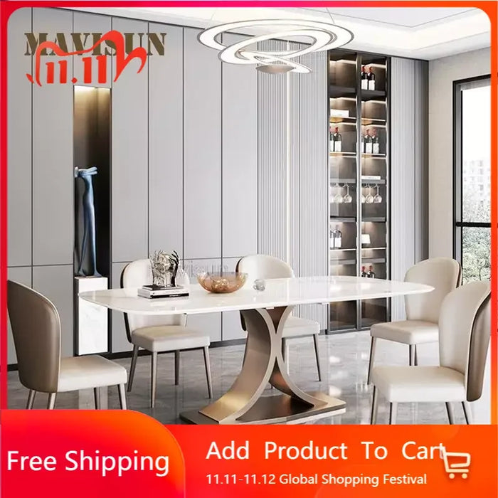 Bright Rock Board Dining Table With 4 Chairs Modern Minimalist Light Luxury Kitchen Furniture Set Rectangular Salon Table