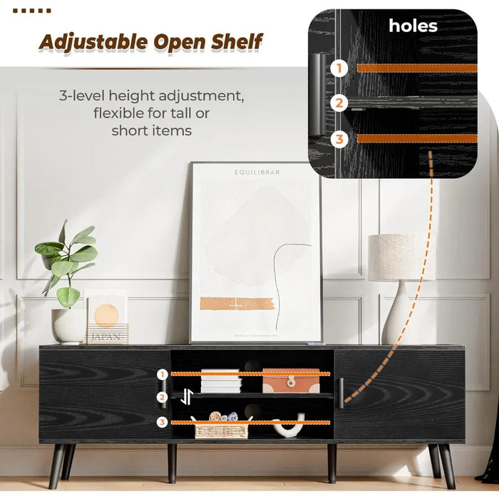 Media Console Furniture for Tv Stands 2 Cabinets Tv Stand Living Room Furniture Cord Holes Bedroom Solid Wood Feet Black Cabinet