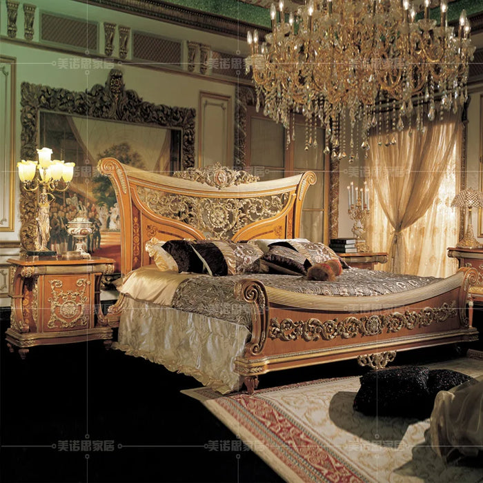 Custom European solid wood carved luxury gold double bed villa bedroom 1.8m princess bed