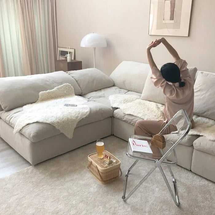 Modern Home Living Room Sofa Set Furniture White Linen Feather Cream Beige Fabric l Shaped Corner Modular Couches Sectional Sofa