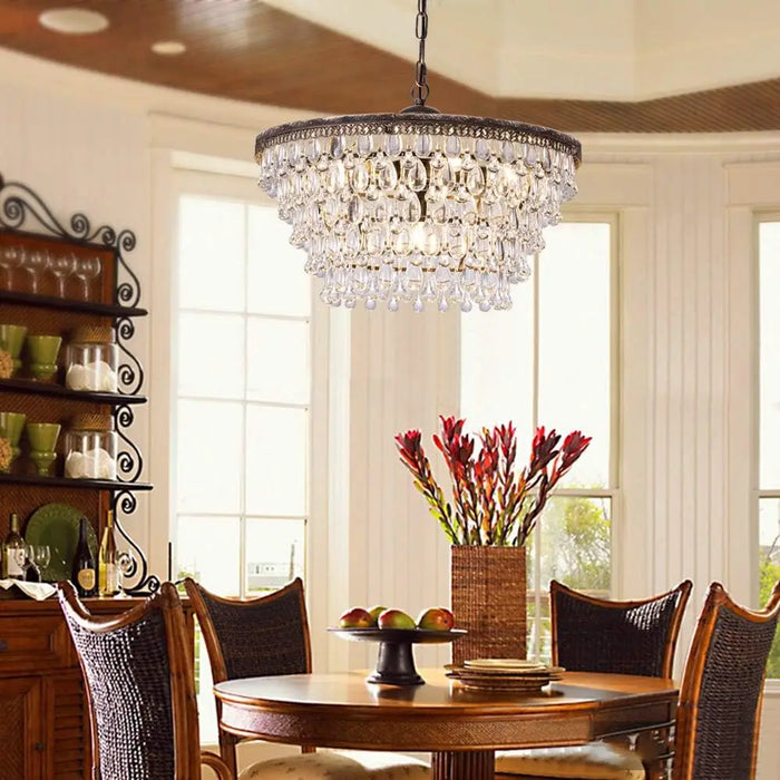 Wellmet Crystal Chandelier Farmhouse 5 Tiers Crystal Light Fixtures Hanging Modern Bronze Ceiling Pendant Light, Chandeliers