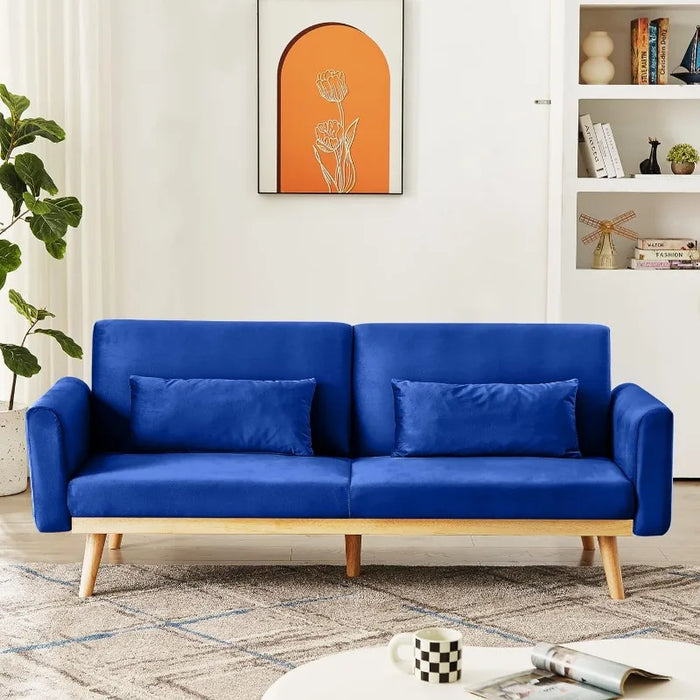 Futon Sofa Bed, Velvet Convertible Sofa Couch Sleeper with Wood Legs & 2 Pillows, Upholstered Loveseat for Small Spaces
