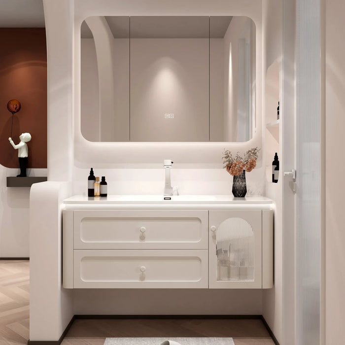 Bathroom Cabinet White Integrated Sink Smart Mirror Wall Mounted Countertop Combo Undermount Ceramic Vessel Chorme Faucet Drain