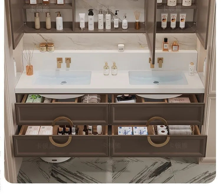Luxury Bathroom Cabinet Vanity Slate Plate Seamless Sink Washstand Modern Basin Toilet Wash Wood Combination French Furniture