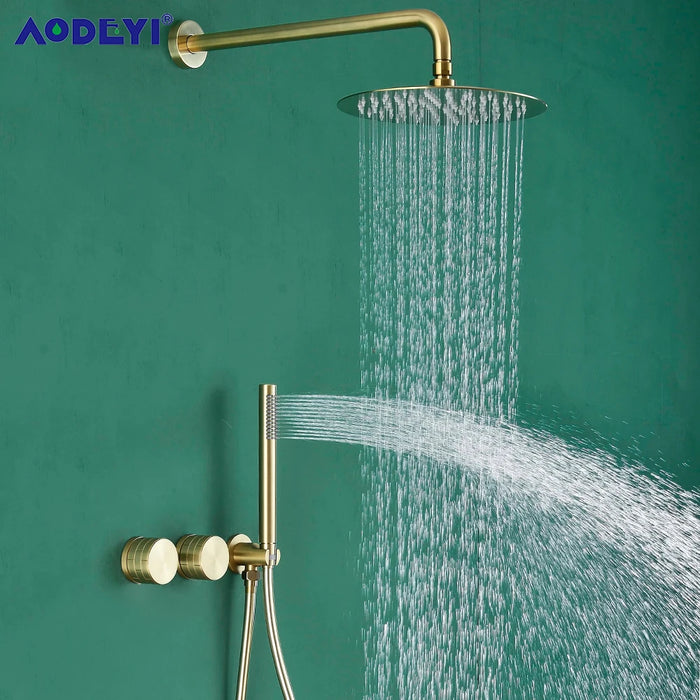 Bathroom Shower System Set Brushed Gold Hot Cold Faucet Bath Mixer Tap Brass Diverter Handheld Rainfall Head Ceiling Arm Kit