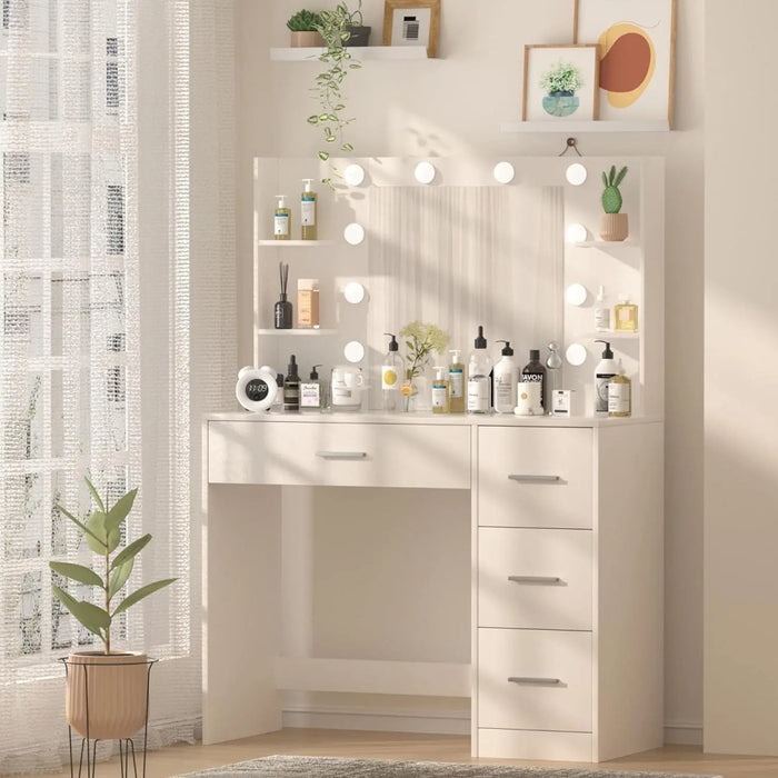 Vanity Desk, Makeup Vanity with 10 LED Lights & 4 Drawers,Brightness Adjustable, Dressing Table Desk with 6 Shelves,Vanity Table