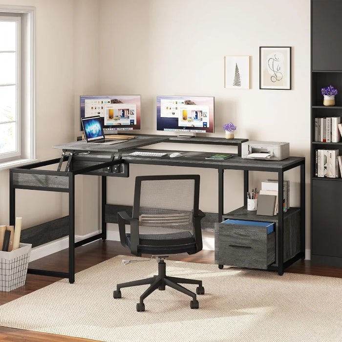 L Shaped Desk with File Drawer, 65" Large Computer Corner with Lift Top, Standing Desk Height Adjustable with
