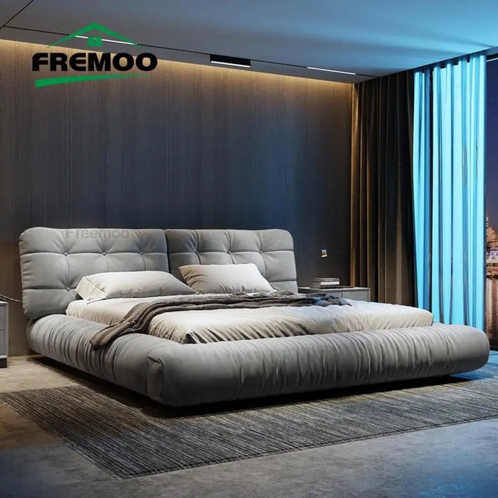 Modern Minimalist Double Bed Bedroom Furniture King Size Bed Technology Frosted Cloth Queen Size Frame Home Furniture