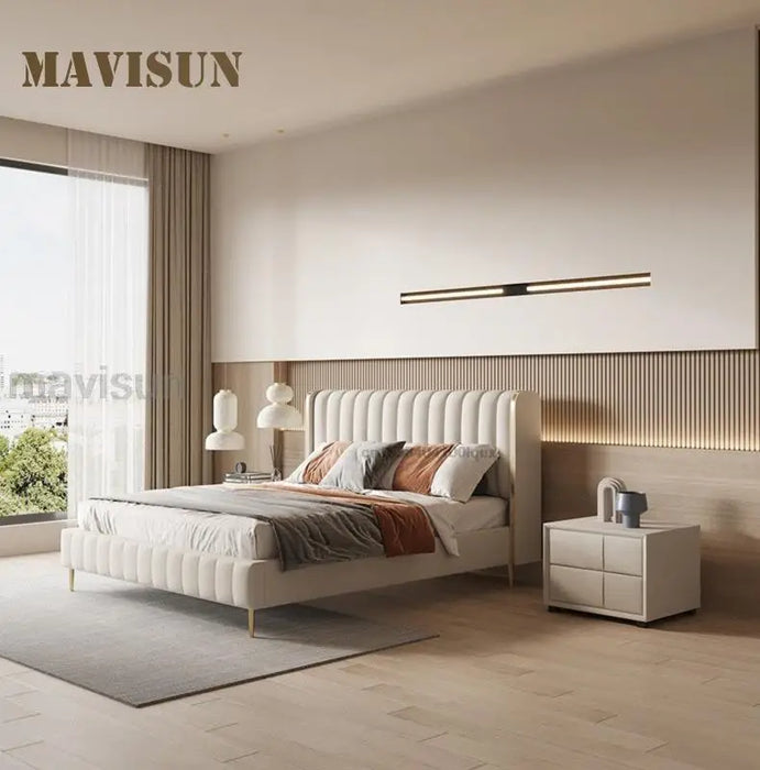 Luxury Bedroom Furniture With Two Beside Tables Stainless Steel Wooden Graceful Shapes Stable Skeleton Leather Double Bed Set