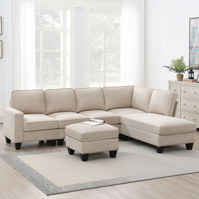 Modern L-shaped Sectional Sofa,7-seat Linen Fabric Couch Set with Chaise Lounge and Convertible Ottoman,Sofa Sets