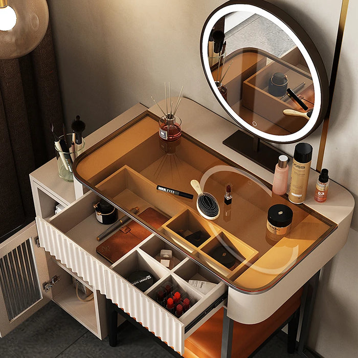 Storage dresser makeup stool set, a large capacity storage drawer, a high storage cabinet, removable LED makeup mirror