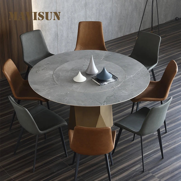 Built In Rock Board Round Dining Table Light Luxury Stainless Steel Bronze Dining Table and Chair Modern Dining Room Furniture