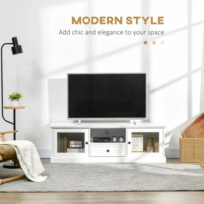 White Modern TV Stand Cabinet for TVs up to 60 Inches,Entertainment Center with Drawer and Glass Doors for living room furniture