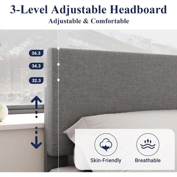 King Size Platform Bed Frame With Adjustable Upholstered Headboard Easy Assembly Heavy Duty Mattress Foundation Noise-Free Home
