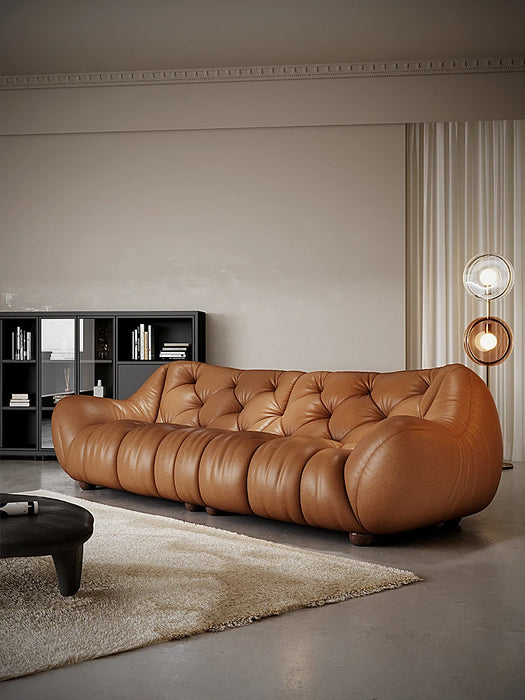 Antique leather sofa French retro light luxury living room American head layer cowhide black straight  sofa
