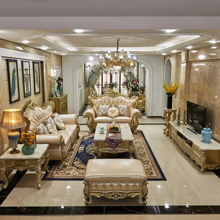 European-style Leather Sofa First Layer Cowhide Villa Large Apartment Living Room Combination Champagne Solid Wood Carving
