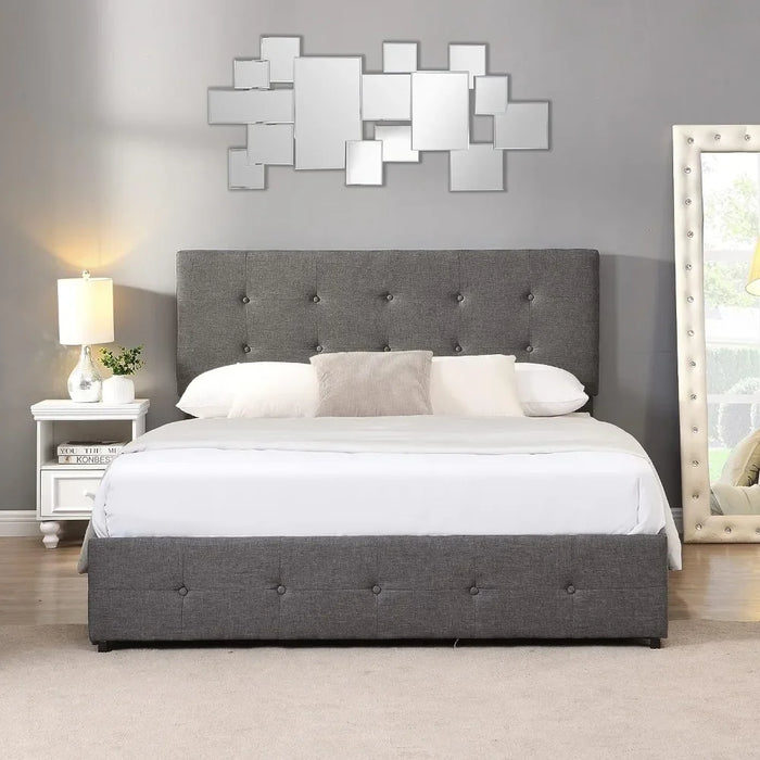 Upholstered Bed Frame Full Size with 4 Storage Drawers and Button Tufted Headboard, Comfort Adjustable Mattress Height