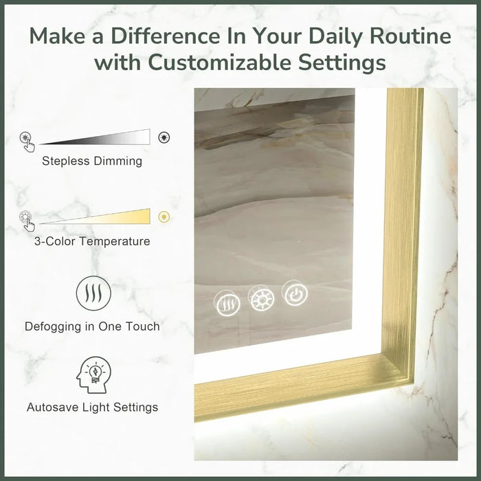 Bathroom Mirror, Gold Framed Backlight And Front Bright Aluminum Alloy Rectangular Beveled Edge, Bathroom Mirror