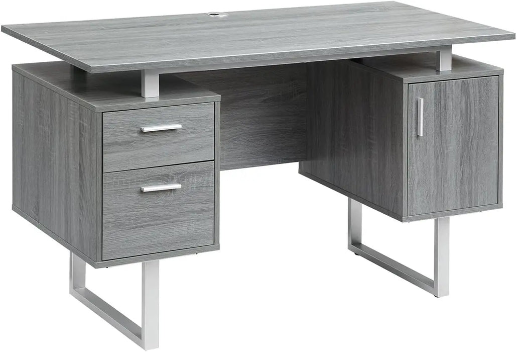 Modern Office Desk with Storage, Wide Home Office Computer Desk with Storage Cabinet and Hanging File Cabinet, Gray