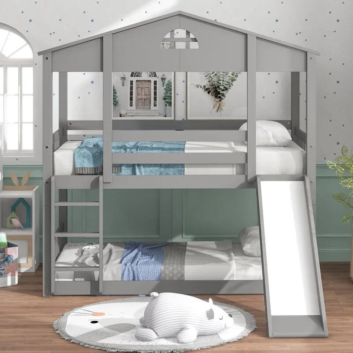 over Twin House Bunk Bed with Convertible Slide and Ladder for Kids Bedroom, Solid Wood House-Shaped Bed for More Children, Divi