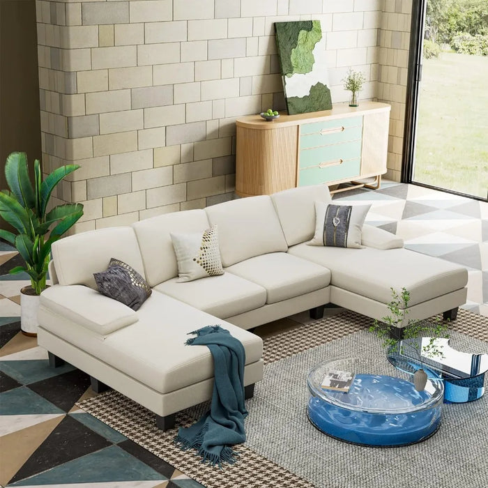 Convertible Modular Sofa, Combination 4-seater Sofa Bed, Double Chaise Longue, Modern Fabric U-shaped Living Room Furniture Set