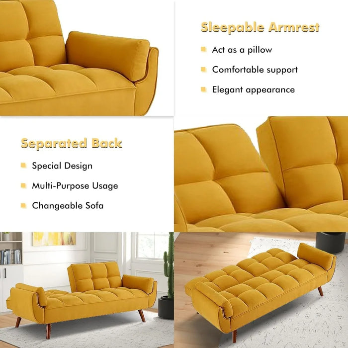 Linen Futon Sofa Bed Loveseat, Adjustable Backrest Convertible Sleeper Reclining Couch with Tapered Wood Legs, Yellow