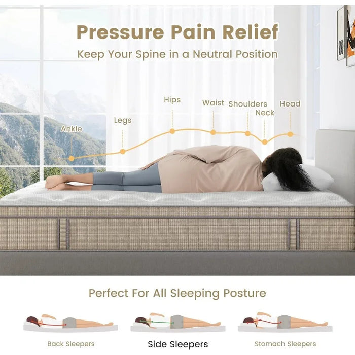 King Size Mattress,14 Inch Memory Foam Hybrid Mattresses in a Box with Individual Pocket Spring,Khaki Medium Firm King